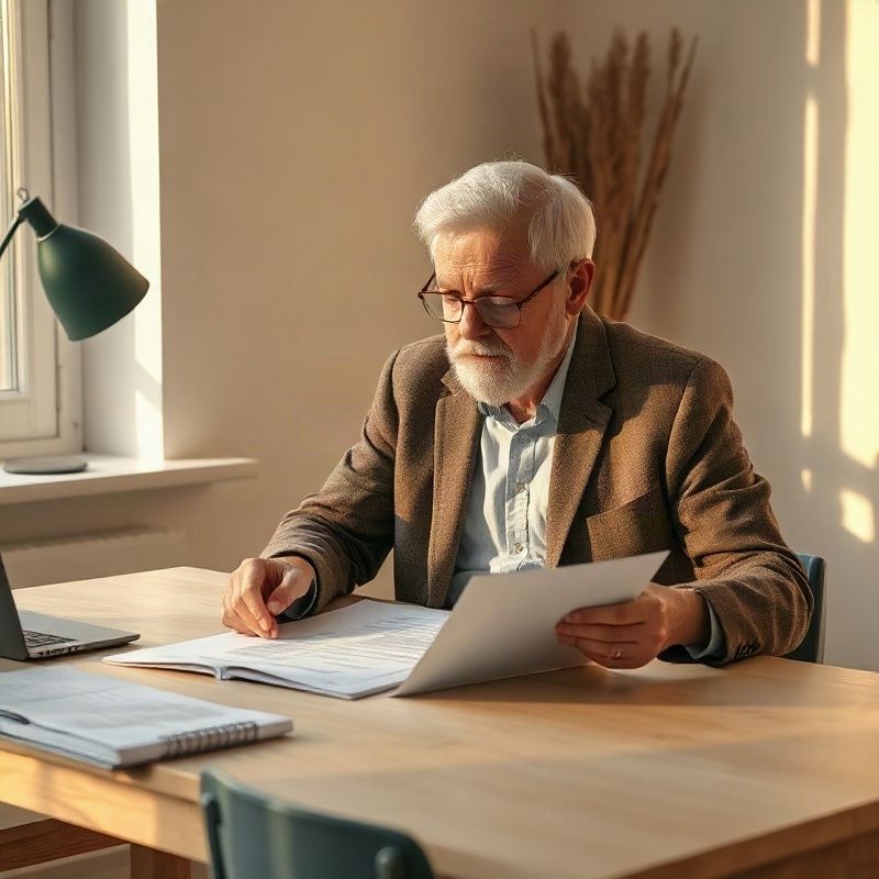 Klient si prochází dokumenty ke své nemovitosti u pracovního stolu